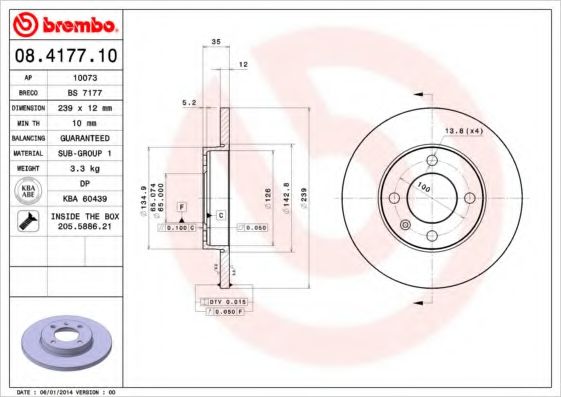 BREMBO 08.4177.10 Тормозной диск для AUDI 80 (Ауди 80) BREMBO 08.4177.10 Тормозной диск для AUDI 80 (Ауди 80)