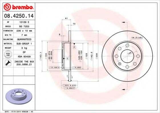 BREMBO 08.4250.14 Тормозной диск для OPEL CORSA A (Опель Cорса а) BREMBO 08.4250.14 Тормозной диск для OPEL CORSA A (Опель Cорса а)