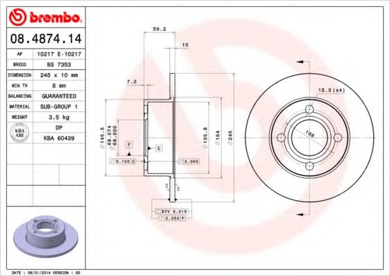 BREMBO 08.4874.14 Тормозной диск для AUDI 100 (Ауди 100) BREMBO 08.4874.14 Тормозной диск для AUDI 100 (Ауди 100)