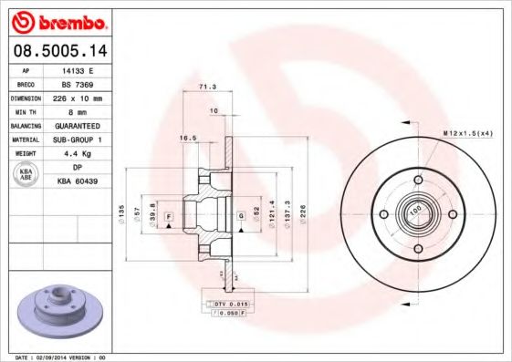 BREMBO 08.5005.14 Тормозной диск для VOLKSWAGEN SCIROCCO (Фольксваген Сcироccо) BREMBO 08.5005.14 Тормозной диск для VOLKSWAGEN SCIROCCO (Фольксваген Сcироccо)