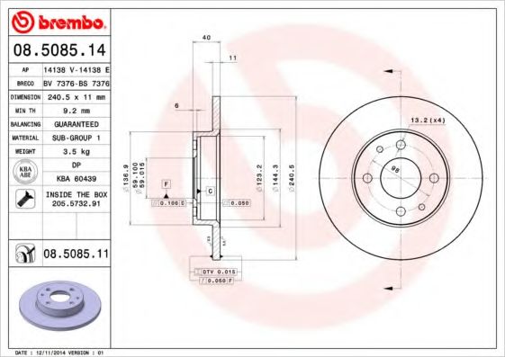 BREMBO 08.5085.14 Тормозной диск для FIAT TEMPRA (Фиат Тэмпра) BREMBO 08.5085.14 Тормозной диск для FIAT TEMPRA (Фиат Тэмпра)