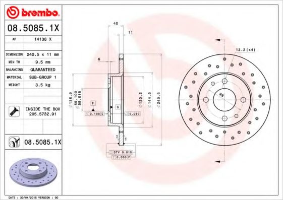 BREMBO 08.5085.1X Тормозной диск для FIAT TEMPRA (Фиат Тэмпра) BREMBO 08.5085.1X Тормозной диск для FIAT TEMPRA (Фиат Тэмпра)