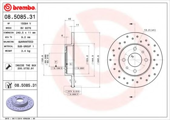 BREMBO 08.5085.31 Тормозной диск для ABARTH (Абартх) BREMBO 08.5085.31 Тормозной диск для ABARTH (Абартх)