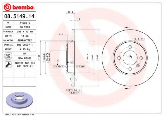 BREMBO 08.5149.14 Тормозной диск для VOLKSWAGEN JETTA III (Фольксваген Джетта 3) BREMBO 08.5149.14 Тормозной диск для VOLKSWAGEN JETTA III (Фольксваген Джетта 3)