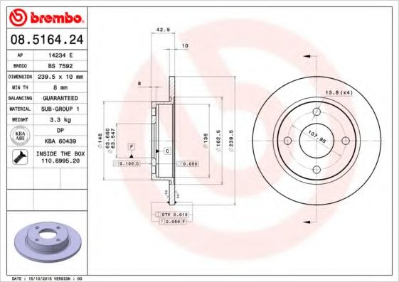 BREMBO 08.5164.24 Тормозной диск для FORD FIESTA (Форд Фиэста) BREMBO 08.5164.24 Тормозной диск для FORD FIESTA (Форд Фиэста)