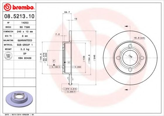 BREMBO 08.5213.10 Тормозной диск для AUDI 80 (Ауди 80) BREMBO 08.5213.10 Тормозной диск для AUDI 80 (Ауди 80)
