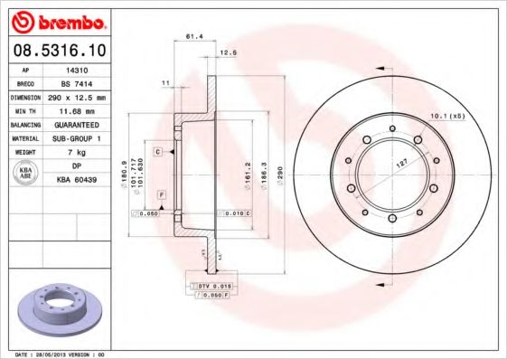 BREMBO 08.5316.10 Тормозной диск для LAND ROVER DEFENDER (Ленд ровер/лэнд ровер Дэфэндэр) BREMBO 08.5316.10 Тормозной диск для LAND ROVER DEFENDER (Ленд ровер/лэнд ровер Дэфэндэр)
