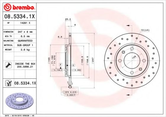 BREMBO 08.5334.1X Тормозной диск для PEUGEOT 206 CC (Пежо 206 сс) BREMBO 08.5334.1X Тормозной диск для PEUGEOT 206 CC (Пежо 206 сс)