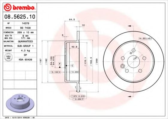 BREMBO 08.5625.10 Тормозной диск для TOYOTA (Тойота/тоета)