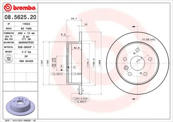 BREMBO 08.5625.20 Тормозной диск для TOYOTA SCEPTER (Тойота/тоета Сcэптэр) BREMBO 08.5625.20 Тормозной диск для TOYOTA SCEPTER (Тойота/тоета Сcэптэр)