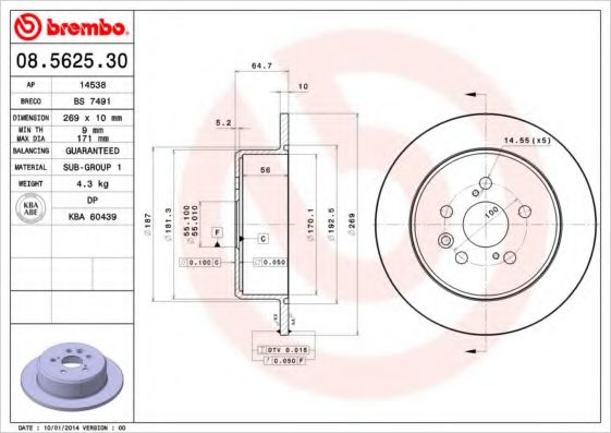 BREMBO 08.5625.30 Тормозной диск для TOYOTA (Тойота/тоета)
