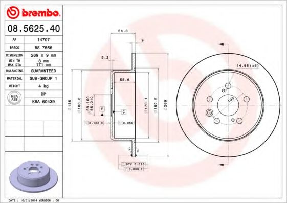 BREMBO 08.5625.40 Тормозной диск для TOYOTA (Тойота/тоета)