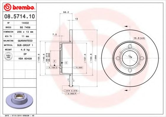 BREMBO 08.5714.10 Тормозной диск для AUDI 90 (Ауди 90) BREMBO 08.5714.10 Тормозной диск для AUDI 90 (Ауди 90)