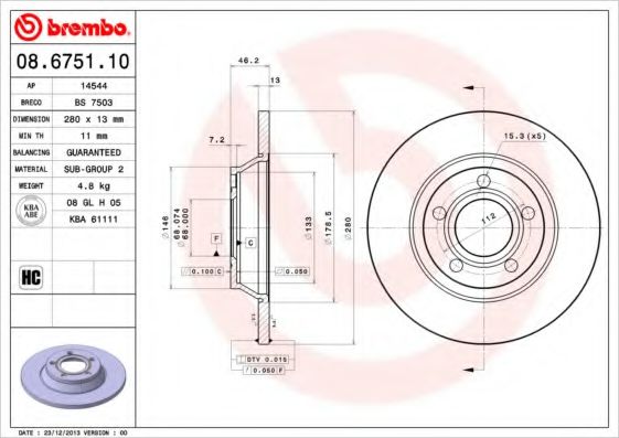 BREMBO 08.6751.10 Тормозной диск для AUDI A4 (Ауди А4) BREMBO 08.6751.10 Тормозной диск для AUDI A4 (Ауди А4)