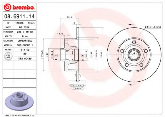 BREMBO 08.6911.14 Тормозной диск для AUDI A4 (Ауди А4) BREMBO 08.6911.14 Тормозной диск для AUDI A4 (Ауди А4)
