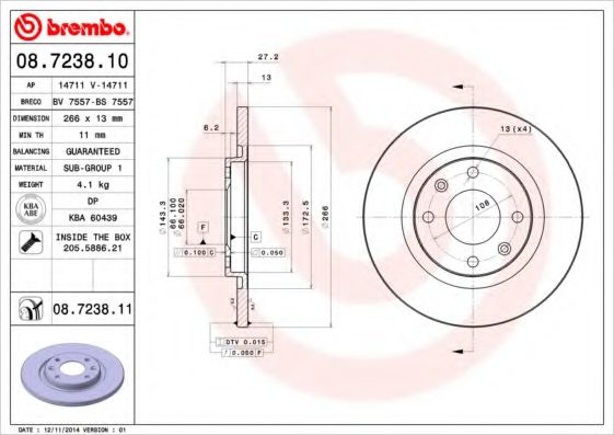 BREMBO 08.7238.10 Тормозной диск для CITROËN C3 II (CитроËн С3 2) BREMBO 08.7238.10 Тормозной диск для CITROËN C3 II (CитроËн С3 2)