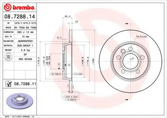 BREMBO 08.7288.11 Тормозной диск для VOLKSWAGEN T4 MULTIVAN (Фольксваген Т4 мултиvан) BREMBO 08.7288.11 Тормозной диск для VOLKSWAGEN T4 MULTIVAN (Фольксваген Т4 мултиvан)