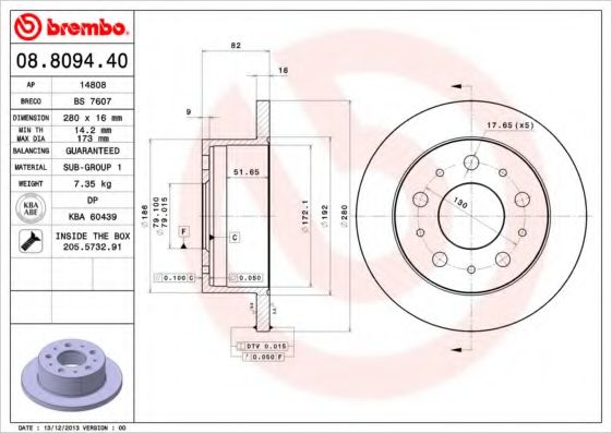 BREMBO 08.8094.40 Тормозной диск для FIAT (Фиат) BREMBO 08.8094.40 Тормозной диск для FIAT (Фиат)