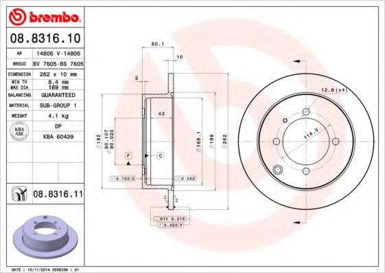 BREMBO 08.8316.10 Тормозной диск для MITSUBISHI SPACE WAGON (Митсубиши/митсубиси Спэйс вагон) BREMBO 08.8316.10 Тормозной диск для MITSUBISHI SPACE WAGON (Митсубиши/митсубиси Спэйс вагон)