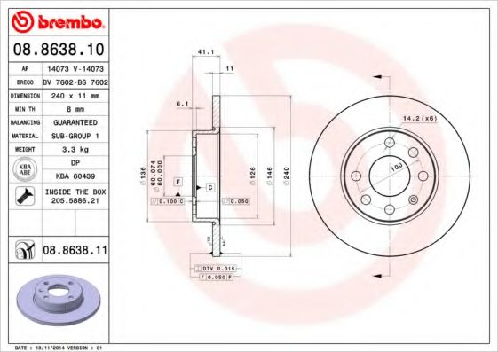 BREMBO 08.8638.11 Тормозной диск для OPEL VITA C (Опель Vита c) BREMBO 08.8638.11 Тормозной диск для OPEL VITA C (Опель Vита c)