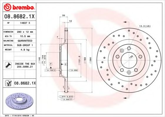 BREMBO 08.8682.1X Тормозной диск для PEUGEOT 407 (Пежо 407) BREMBO 08.8682.1X Тормозной диск для PEUGEOT 407 (Пежо 407)