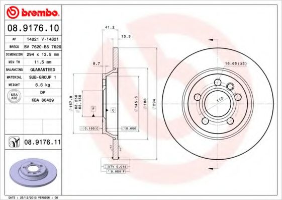 BREMBO 08.9176.11 Тормозной диск для VOLKSWAGEN T4 MULTIVAN (Фольксваген Т4 мултиvан) BREMBO 08.9176.11 Тормозной диск для VOLKSWAGEN T4 MULTIVAN (Фольксваген Т4 мултиvан)