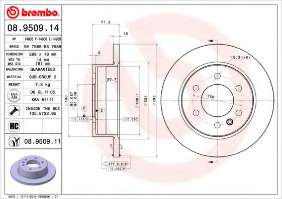 BREMBO 08.9509.11 Тормозной диск для MERCEDES-BENZ SPRINTER 5-T (Мэрcэдэс-бэнз Спринтэр 5-т) BREMBO 08.9509.11 Тормозной диск для MERCEDES-BENZ SPRINTER 5-T (Мэрcэдэс-бэнз Спринтэр 5-т)