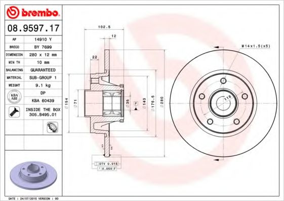 BREMBO 08.9597.17 Тормозной диск для OPEL VIVARO (Опель Виваро) BREMBO 08.9597.17 Тормозной диск для OPEL VIVARO (Опель Виваро)
