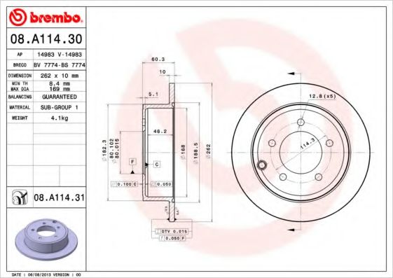 BREMBO 08.A114.30 Тормозной диск для CHRYSLER CIRRUS (Крайслер Cиррус) BREMBO 08.A114.30 Тормозной диск для CHRYSLER CIRRUS (Крайслер Cиррус)