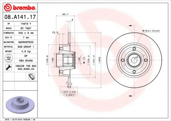 BREMBO 08.A141.17 Тормозной диск для RENAULT MEGANE II -LET (Рено Меган 2 лет) BREMBO 08.A141.17 Тормозной диск для RENAULT MEGANE II -LET (Рено Меган 2 лет)
