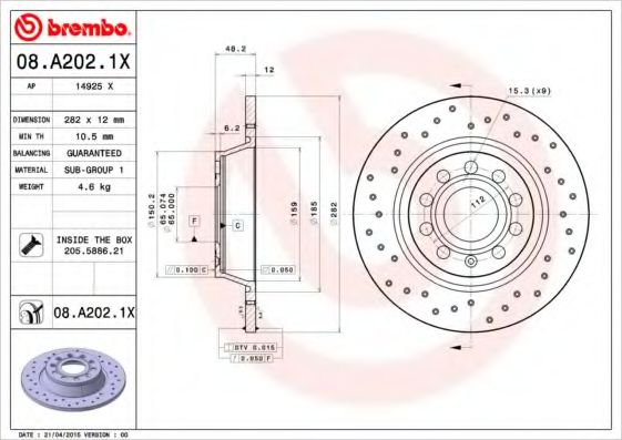 BREMBO 08.A202.1X Тормозной диск для SKODA SUPERB (Шкода Суперб) BREMBO 08.A202.1X Тормозной диск для SKODA SUPERB (Шкода Суперб)
