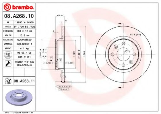 BREMBO 08.A268.11 Тормозной диск для DACIA SANDERO (Дача Сандэро) BREMBO 08.A268.11 Тормозной диск для DACIA SANDERO (Дача Сандэро)