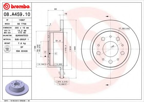 BREMBO 08.A459.10 Тормозной диск для FIAT (Фиат) BREMBO 08.A459.10 Тормозной диск для FIAT (Фиат)