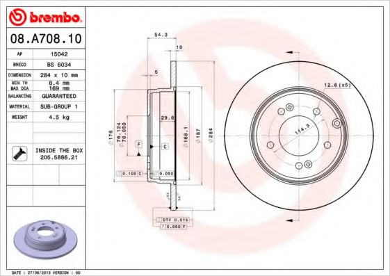BREMBO 08.A708.10 Тормозной диск для HYUNDAI EMBERA V (Хендай Эмбэра v) BREMBO 08.A708.10 Тормозной диск для HYUNDAI EMBERA V (Хендай Эмбэра v)