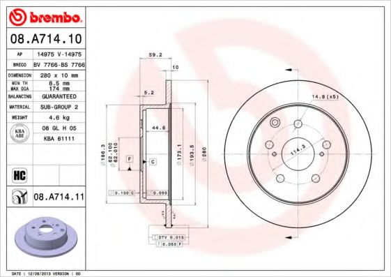 BREMBO 08.A714.10 Тормозной диск для TOYOTA (Тойота/тоета) BREMBO 08.A714.10 Тормозной диск для TOYOTA (Тойота/тоета)