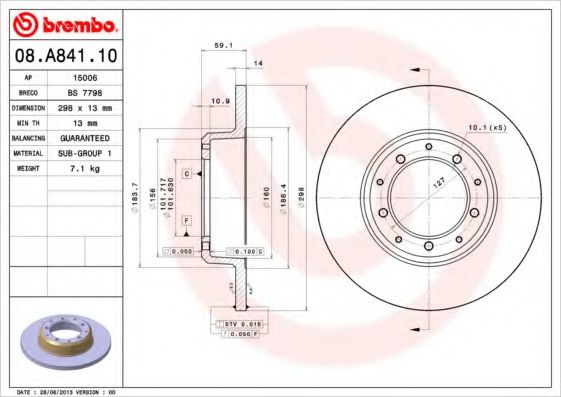 BREMBO 08.A841.10 Тормозной диск для LAND ROVER DEFENDER (Ленд ровер/лэнд ровер Дэфэндэр) BREMBO 08.A841.10 Тормозной диск для LAND ROVER DEFENDER (Ленд ровер/лэнд ровер Дэфэндэр)