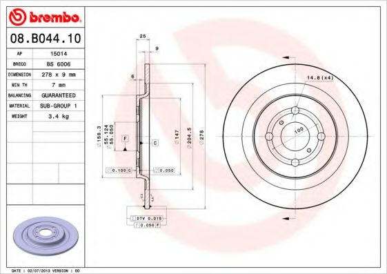 BREMBO 08.B044.10 Тормозной диск для DAIHATSU CHARADE (Дайхатсу Чарадэ) BREMBO 08.B044.10 Тормозной диск для DAIHATSU CHARADE (Дайхатсу Чарадэ)