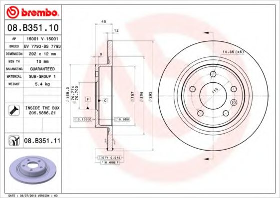 BREMBO 08.B351.10 Тормозной диск для OPEL (Опель) BREMBO 08.B351.10 Тормозной диск для OPEL (Опель)