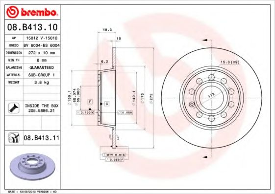 BREMBO 08.B413.10 Тормозной диск для SEAT (Сеат) BREMBO 08.B413.10 Тормозной диск для SEAT (Сеат)