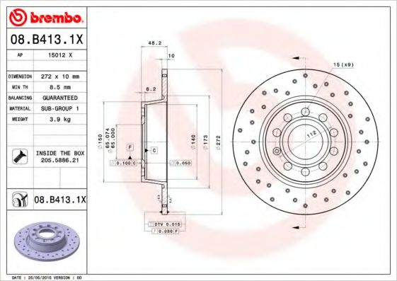 BREMBO 08.B413.1X Тормозной диск для SEAT (Сеат) BREMBO 08.B413.1X Тормозной диск для SEAT (Сеат)