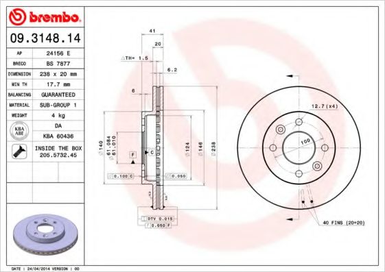 BREMBO 09.3148.14 Тормозной диск для RENAULT CLIO I (Рено Cлио и) BREMBO 09.3148.14 Тормозной диск для RENAULT CLIO I (Рено Cлио и)