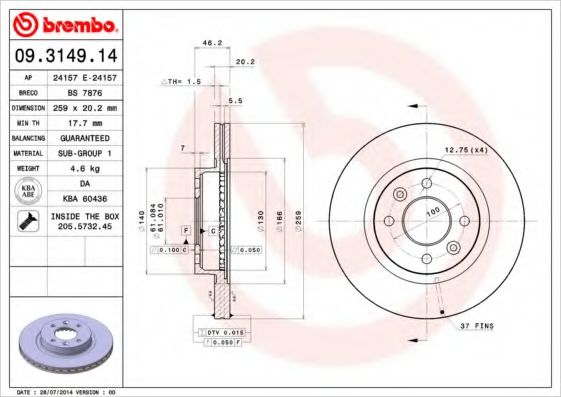 BREMBO 09.3149.14 Тормозной диск для RENAULT ESPACE I (Рено Эспаcэ и) BREMBO 09.3149.14 Тормозной диск для RENAULT ESPACE I (Рено Эспаcэ и)
