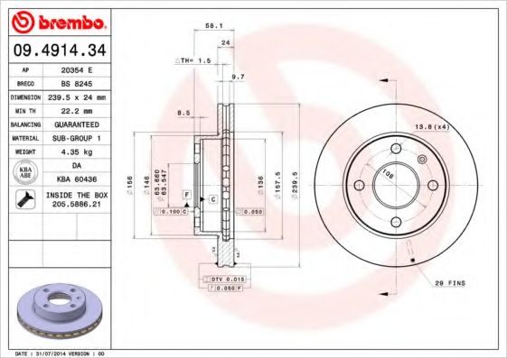 BREMBO 09.4914.34 Тормозной диск для FORD ORION II (Форд Орион 2) BREMBO 09.4914.34 Тормозной диск для FORD ORION II (Форд Орион 2)