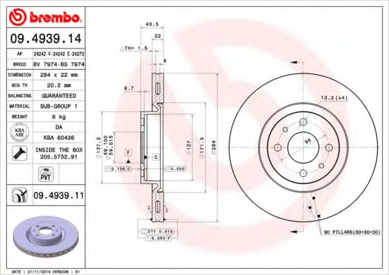 BREMBO 09.4939.14 Тормозной диск для LANCIA DELTA III (Лансиа/лянча Дэлта 3) BREMBO 09.4939.14 Тормозной диск для LANCIA DELTA III (Лансиа/лянча Дэлта 3)