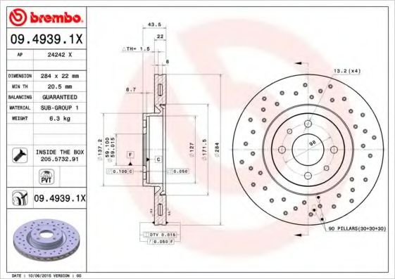BREMBO 09.4939.1X Тормозной диск для LANCIA DELTA III (Лансиа/лянча Дэлта 3) BREMBO 09.4939.1X Тормозной диск для LANCIA DELTA III (Лансиа/лянча Дэлта 3)