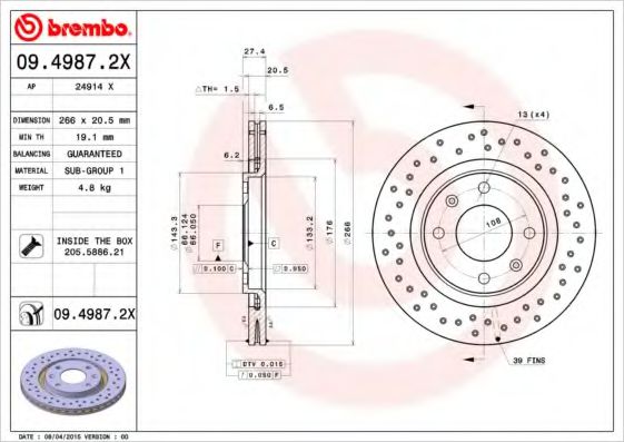 BREMBO 09.4987.2X Тормозной диск для PEUGEOT 206 CC (Пежо 206 сс) BREMBO 09.4987.2X Тормозной диск для PEUGEOT 206 CC (Пежо 206 сс)