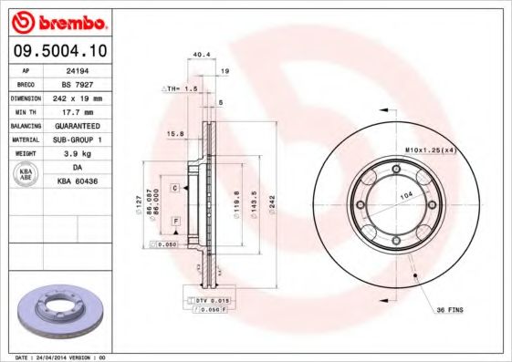 BREMBO 09.5004.10 Тормозной диск для HYUNDAI EXCEL (Хендай Эxcэл) BREMBO 09.5004.10 Тормозной диск для HYUNDAI EXCEL (Хендай Эxcэл)