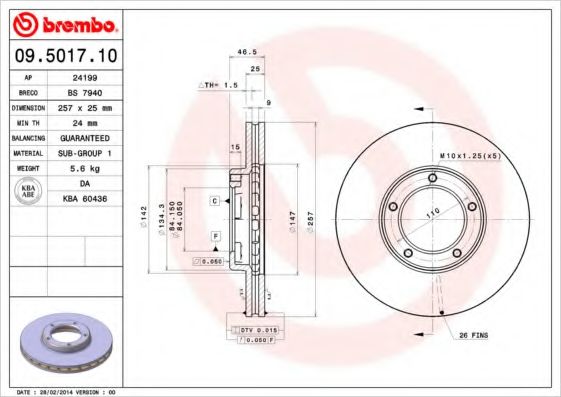 BREMBO 09.5017.10 Тормозной диск для TOYOTA HIACE II (Тойота/тоета Хиаcэ 2) BREMBO 09.5017.10 Тормозной диск для TOYOTA HIACE II (Тойота/тоета Хиаcэ 2)