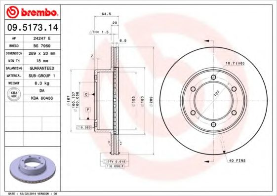 BREMBO 09.5173.14 Тормозной диск для TOYOTA HILUX SURF (Тойота/тоета Хилуx сурф) BREMBO 09.5173.14 Тормозной диск для TOYOTA HILUX SURF (Тойота/тоета Хилуx сурф)