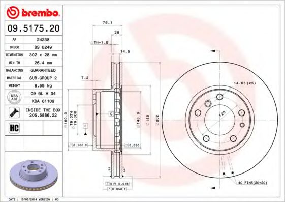 BREMBO 09.5175.20 Тормозной диск для BMW 7 (Бмв 7) BREMBO 09.5175.20 Тормозной диск для BMW 7 (Бмв 7)
